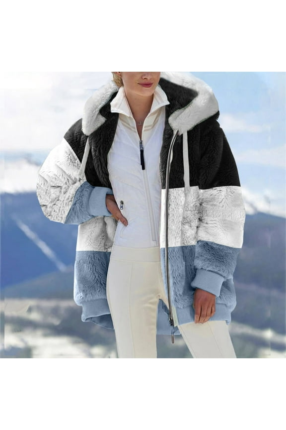 Womens Fuzzy Fleece Jacket, Zip Up Plush Color Block Stitching Winter Jacket Coat, Warm Fleece Blanket Jackets for Women with Hood Outwear with Pockets