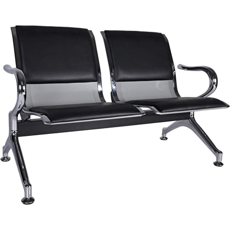 Easeen 2-Seat Waiting Room Bench, Black Mesh & PU Leather Guest Reception Chair for Office, Hospital, Bank, Salon, Airport