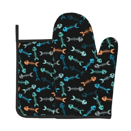 

Zeuib Little Fish Skeleton Print Oven Mitt & Pot Holder Set 2-Pack Kitchen Gloves and Hot Pads for Cooking BBQ Grilling Baking