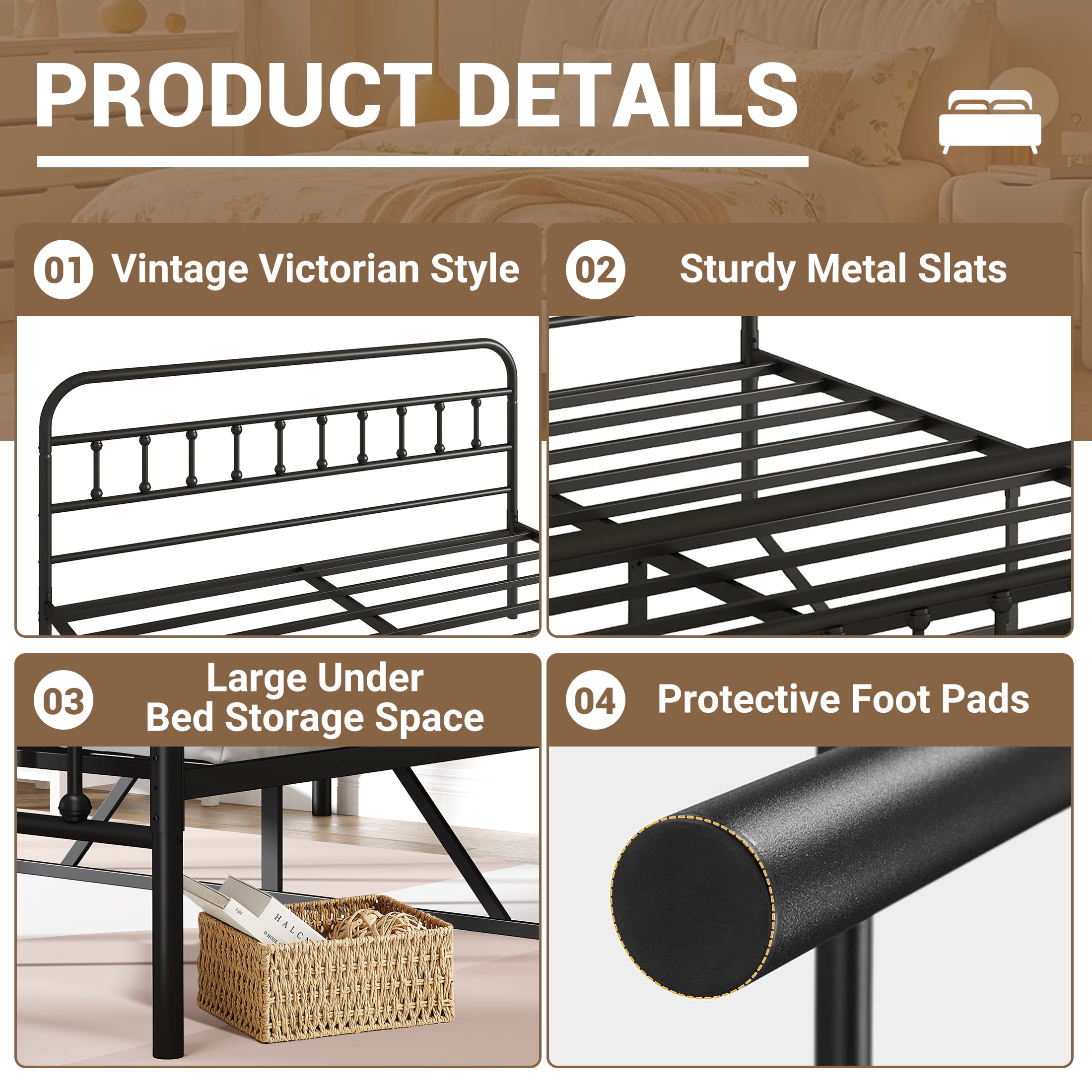 King Bed Frame with Headboard and Footboard, UHOMEPRO Metal Bed Frame with Vintage Victorian Style, Easy Assembly & No Box Spring Needed, Black