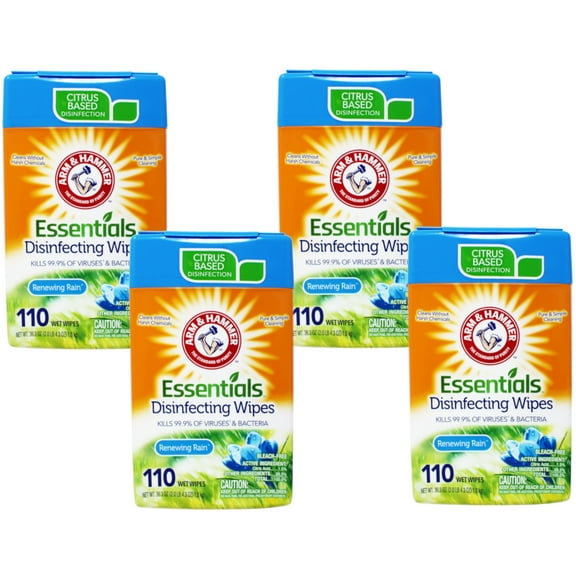 Arm & Hammer Essentials Disinfecting Wipes, Renewing Rain Scent 110Ct, Bleach-Free, Kills 99.9% of Viruses & Bacteria - 4 Pack