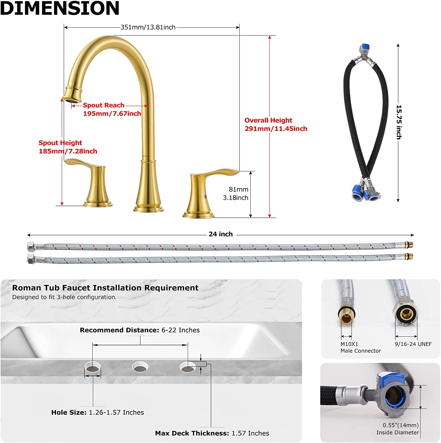 PARLOS High Arc 2-Handle Widespread Roman Tub Faucet with Valve & Faucet Supply Lines, Brushed Gold