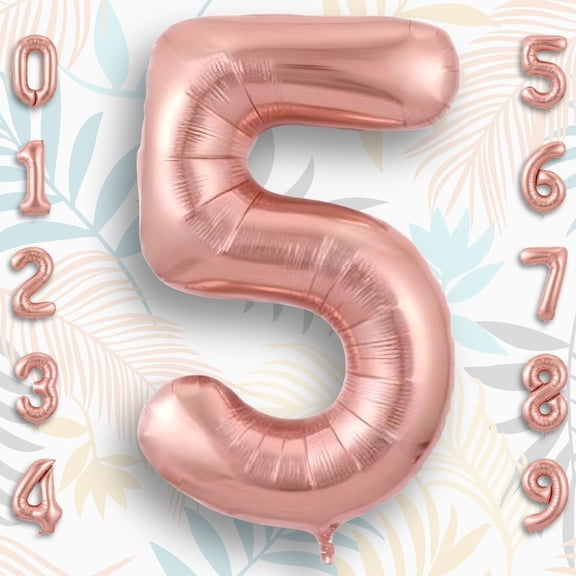 Number Balloons 5 Rose Gold 40 inch - Mylar Foil Helium or Air Fill Metallic Blush Gold Balloon - 5th Birthday Party Anniversary & Grade 5 Decoration