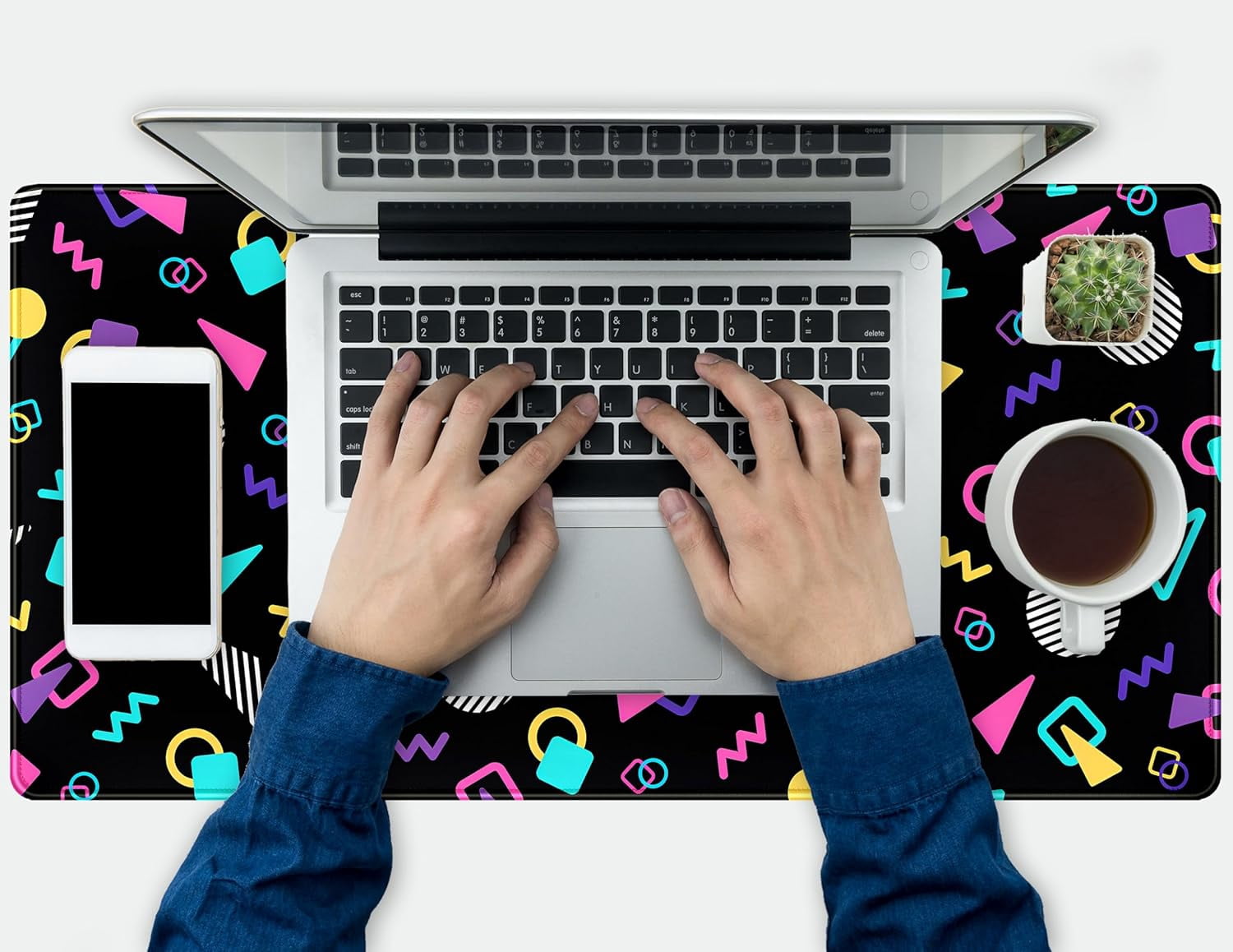 Retro 80s Desk Mat, Cute 90s XXL Large Gaming Mouse Pad, Black Boho Desk Pad with Stitched Edges, Computer Laptop Keyboard and Mouse Mat, Aesthetic Office Decor Non-Slip Mosuepad, 31.5x15.75 in