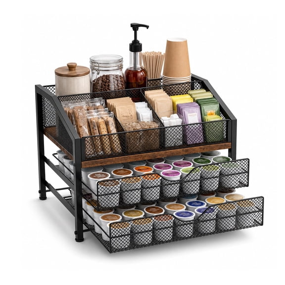 Coffee Bar Organizer for Countertop, 3-Tier Coffee Station Organizer with 2 Drawers, Metal and Wood K Cup Holder, Coffee Pod Organizer for Tea Bags, Condiments, Syrup, Cups