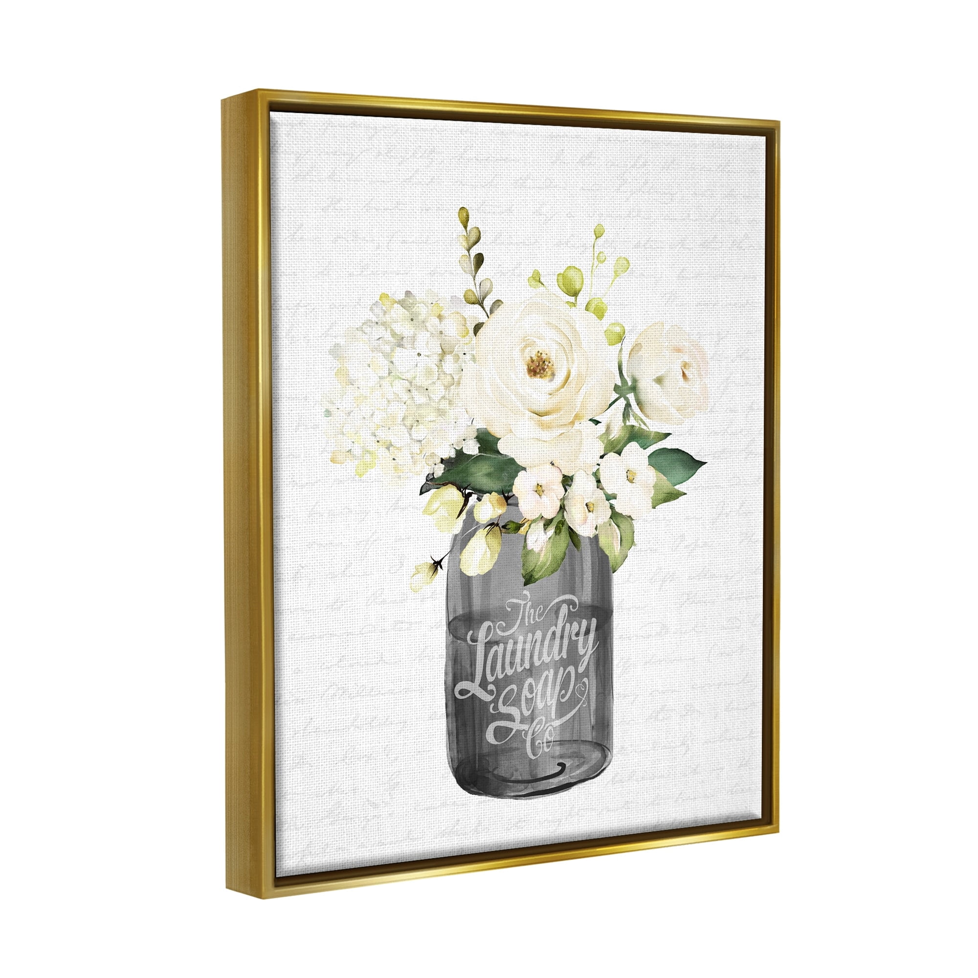 Stupell Industries White Flower Blossoms Laundry Jar Fancy Script Graphic Art Metallic Gold Floating Framed Canvas Print Wall Art, Design by Lettered and Lined