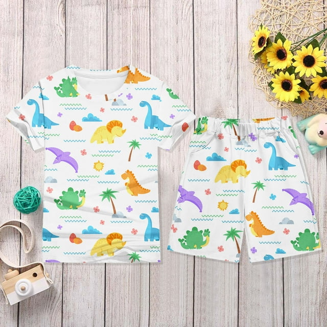 Vêtements d'Été pour Garçon, Ensemble T-Shirts à Col Rond Dinosaure + Shorts, Tenue Petit Garçon, Garçon 4T