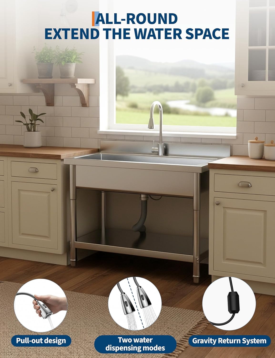 QinaQin Stainless Steel Utility Sink,Commercial Free Standing Kitchen Sink with Hot/Cold Water Pipes,Heavy-Duty Single Bowl,Stainless Steel