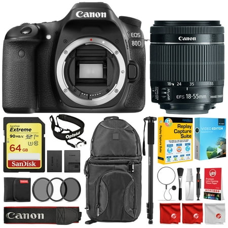 Canon 80D Digital SLR Camera Body with 18-55mm f/3.5-5.6 is STM Lens + Travel Backpack + Monopod Stabilizer + 64GB Sandisk Extreme SD Card + Video Production Software