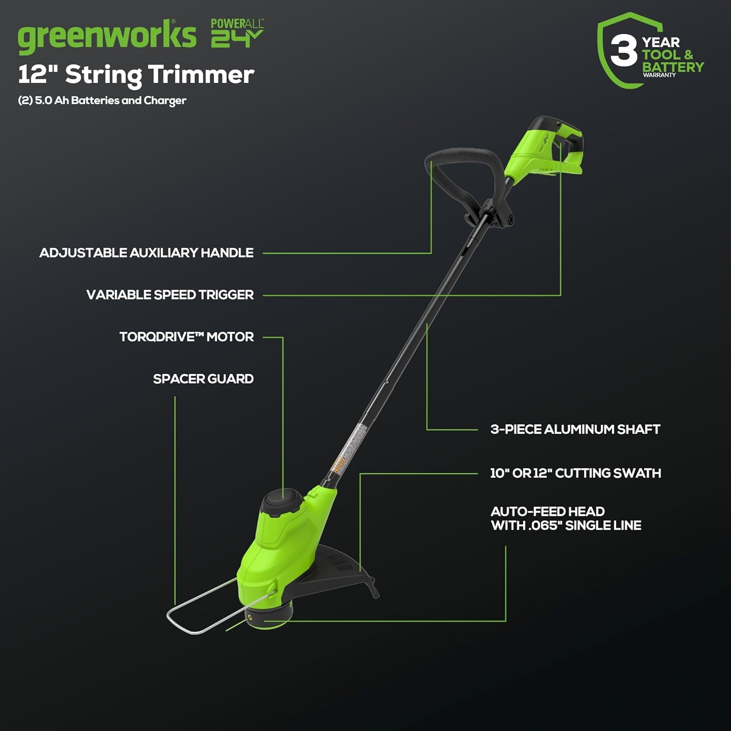 Greenworks 2 x 24V 21" Brushless Cordless (Self-Propelled) Lawn Mower + Blower (320 CFM) + 12" String Trimmer, (2) 5.0Ah Batteries and Charger Included (75+ Compatible Tools)