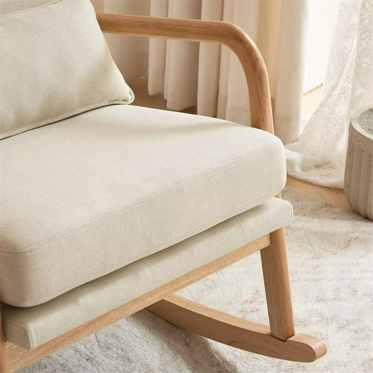 Upholstered Farmhouse Armchair with Removable Cushion Nursery Rocking Chair with Solid Wood Frame Comfy Glider Rocker with 1 Lumbar Pillow for