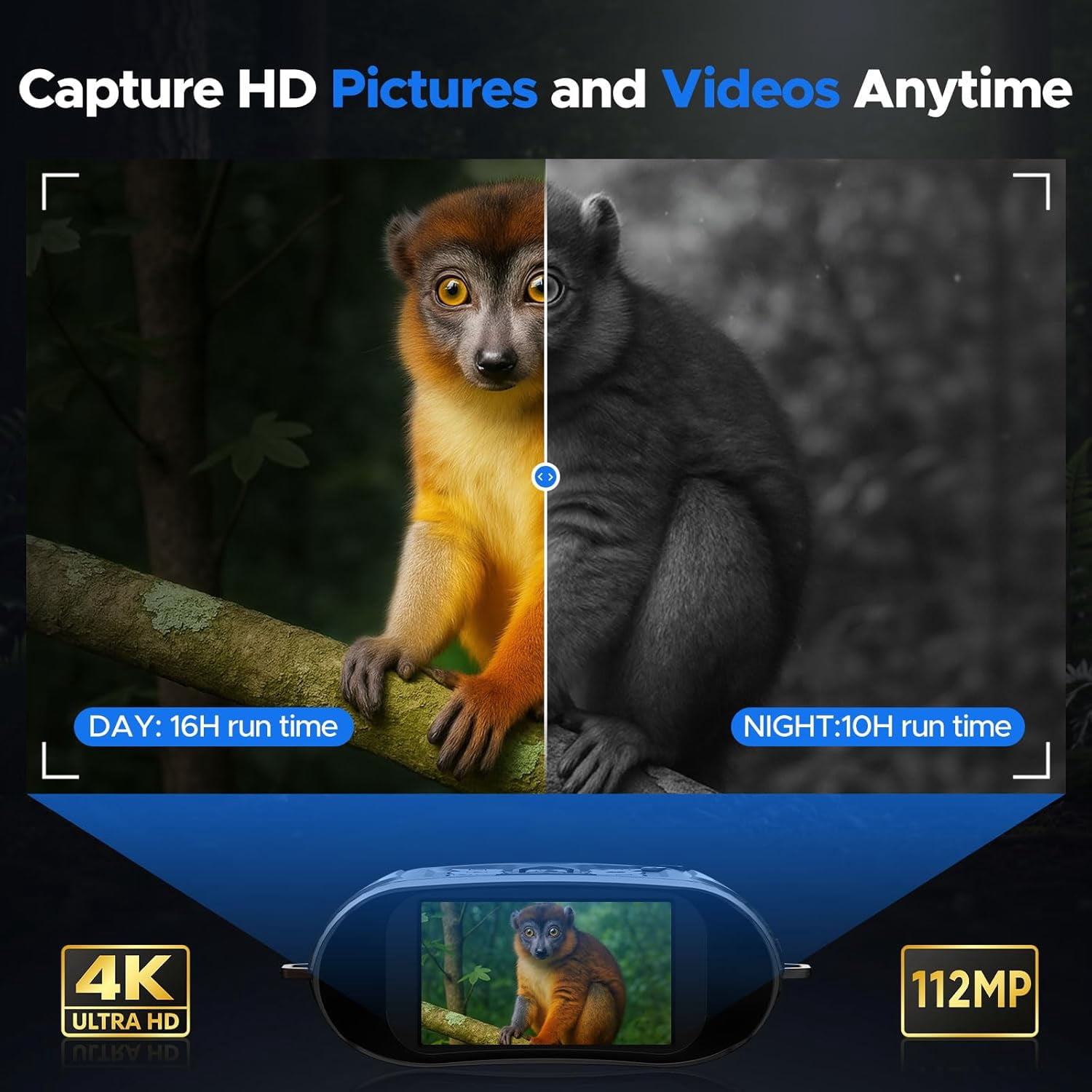 CAMPARK Night Vision Goggles 4K 112MP Full-Color Night Vision Binoculars for Adults with 5000mAh Rechargeable Battery, 64GB TF Card Included, 3" HD Screen, 18x Zoom, Suitable for Camping, Hunting
