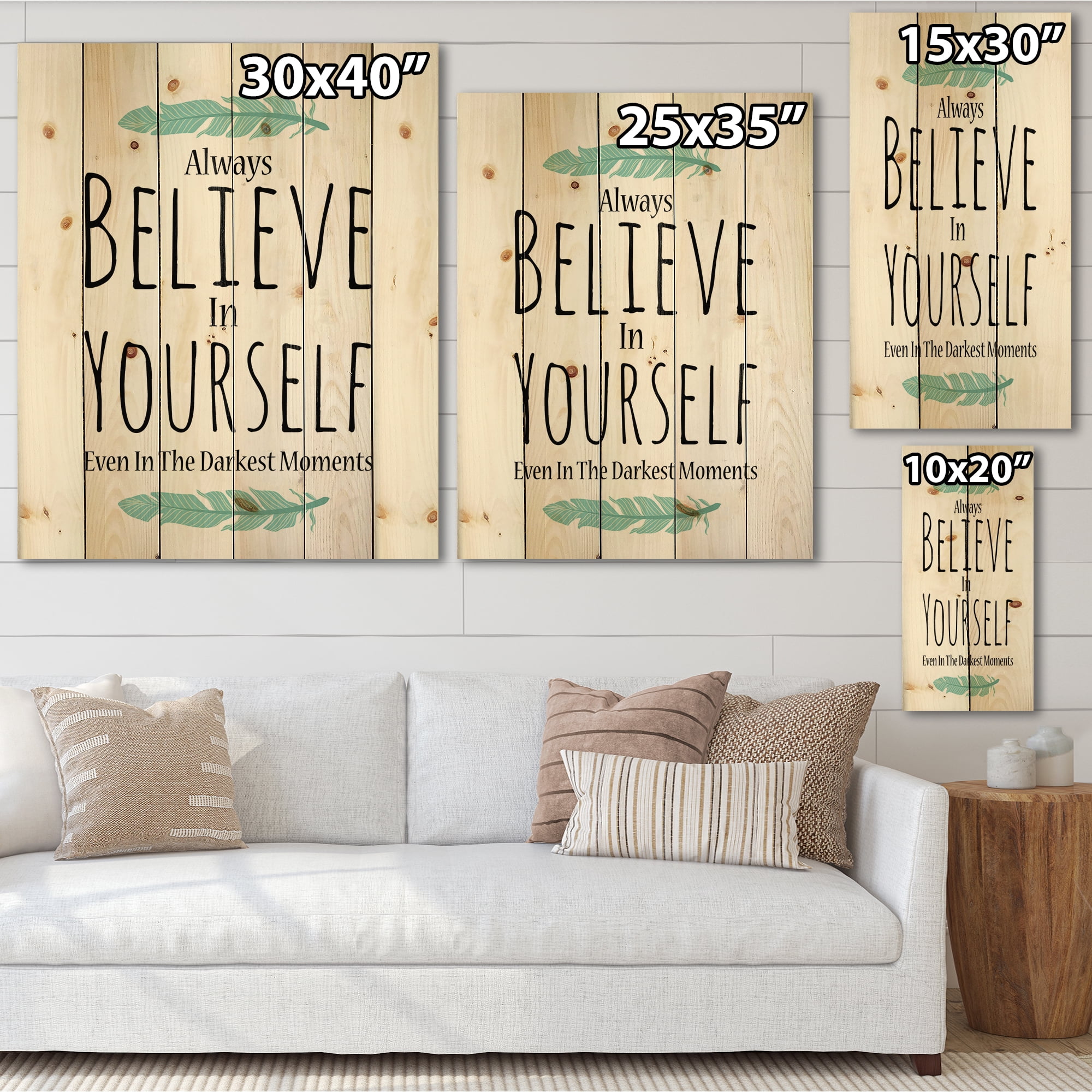 Designart 'Believe In Yourself Quote On White' Traditional Print on Natural Pine Wood