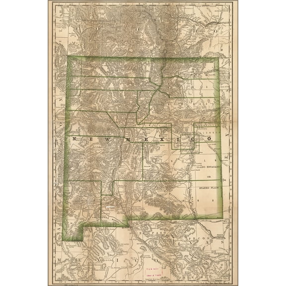 24"x36" Gallery Poster, map of New Mexico stage lines, lakes, rivers 1879