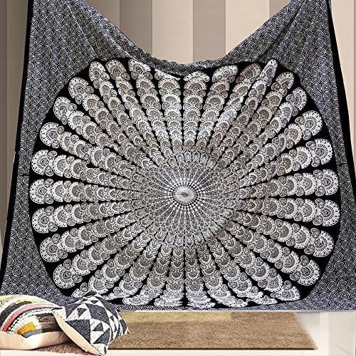 Gojian Handmade Indian hippie Bohemian Psychedelic Peacock Mandala Wall hanging College Dorm Beach Throws Table Cloth Bedding Tapestry