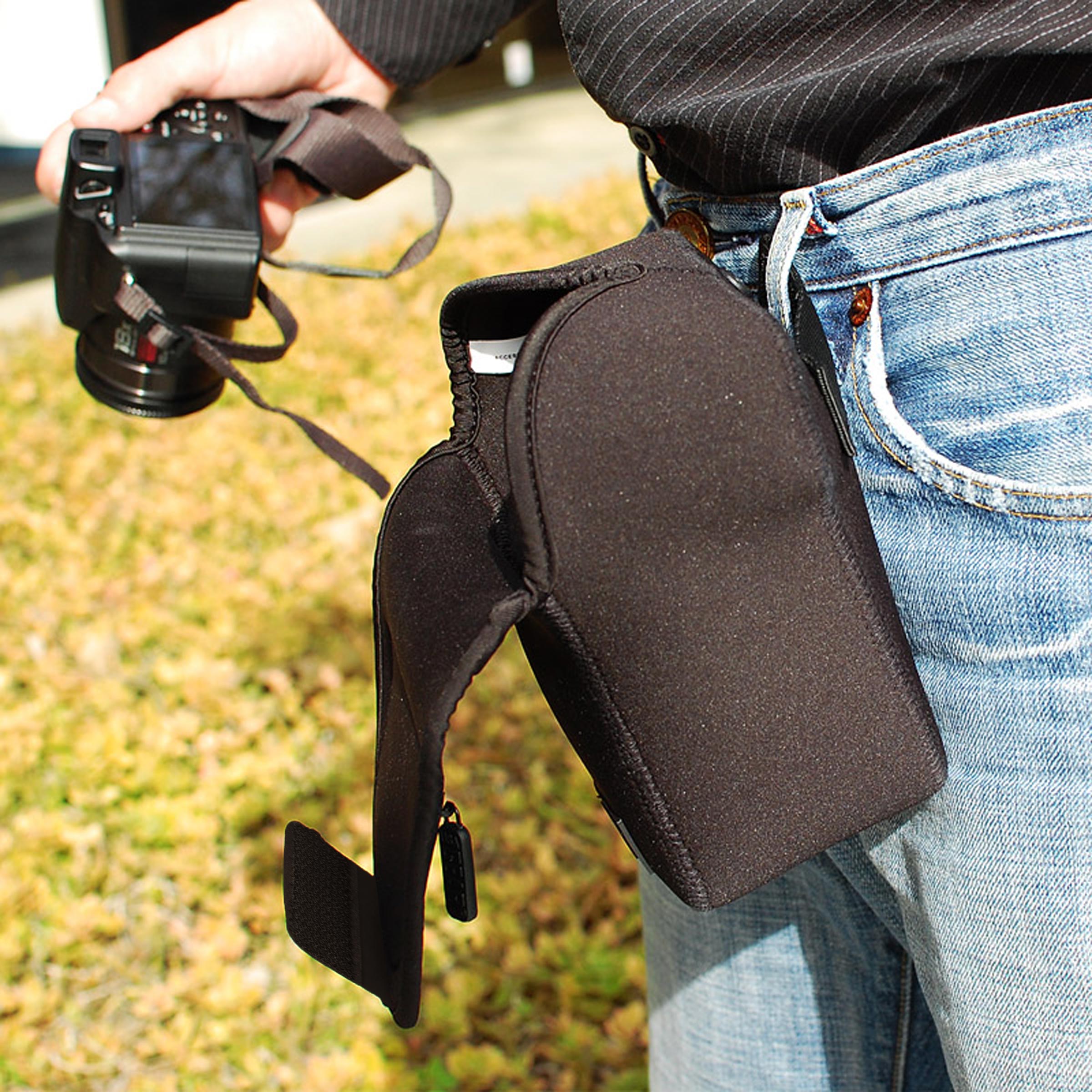 Neoprene Camera Strap and Camera Case Black with Quick Release Buckles and Accessory Storage Pockets by USA Gear - Works with Canon , Fujifilm , Nikon , Olympus , Sony and More Cameras