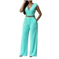 thumbnail image 3 of AGWOLF Women's V Neck Wrap Jumpsuits Dressy Casual Sleeveless One Piece with Belt High Waist Wide Leg Long Pants Overalls with Pockets Business Formal Pantsuits Light Blue XL, 3 of 6