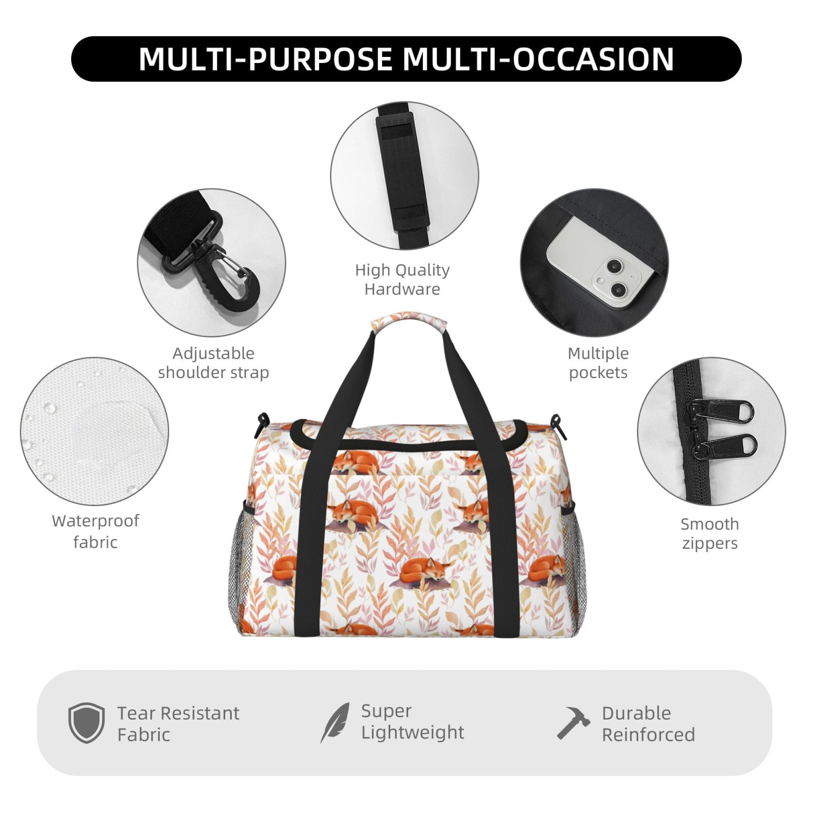 Fuzoiu Cute Sleepy Fox Print Travel Duffle Bag,Carry On Tote Bags,Duffel Bag,Sport Gym Bag, Hospital Bag for Labor and Delivery, Overnight Bag,Luggage Bag