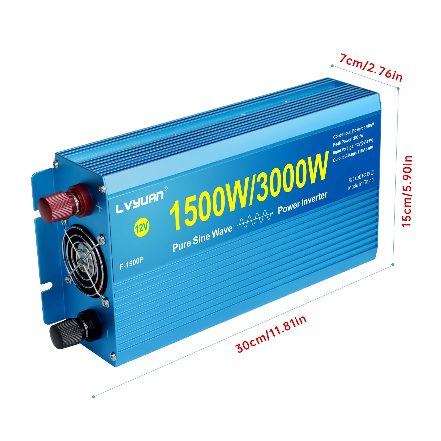 LVYUAN 1500W 3000W Surge Pure Sine Wave Power Inverter DC 12V to AC 110V Car Power Converter with 3 AC Outlets, LCD Display, Battery Converter Charger for RV, Camping, Off-Grid, Home Backup
