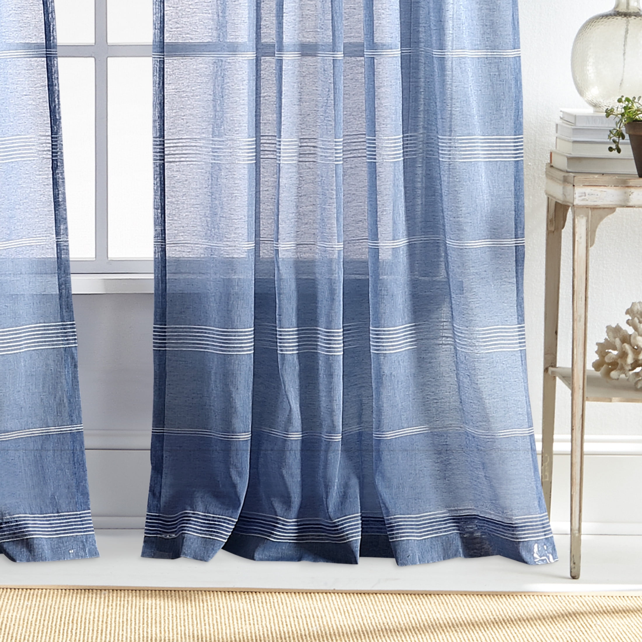 Martha Stewart Delicate Stripe Curtain Panel Pair, Indigo, Rod Pocket, Sheer, Indoor, Adult, 2 Piece Set, 50"x 95"