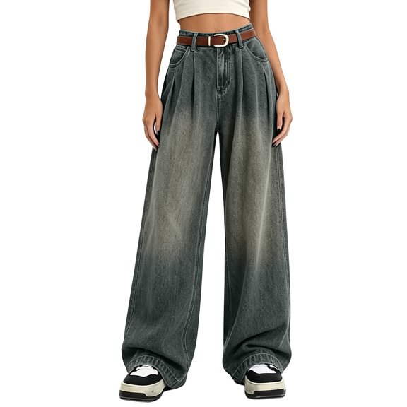 Yangnuo Women High Waist Pleated Gradient Washed Wide Leg Jeans Loose Fit Casual Denim Long Pants With Pockets