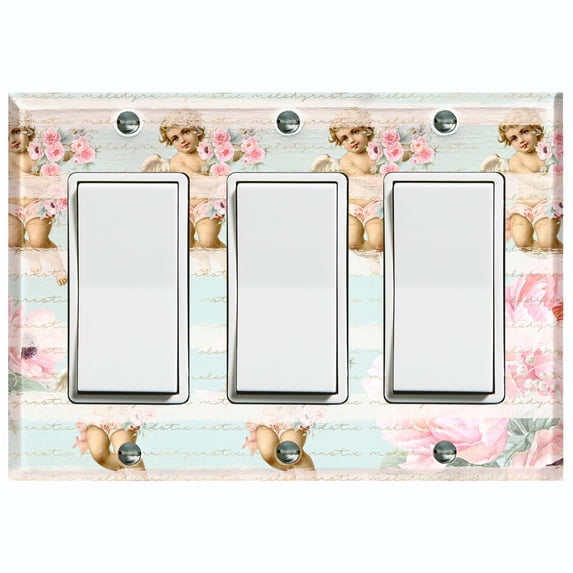 Metal Light Switch Plate Outlet Cover Romantic Valentine Floral Cupid Striped Blue AGL002