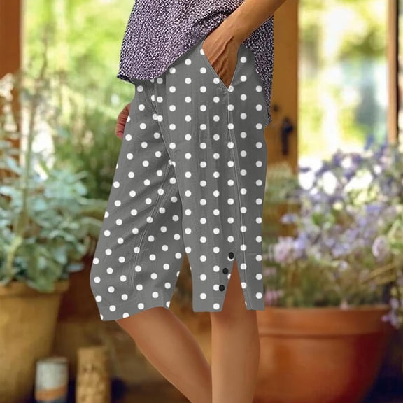 Cagogo Women Polka Dot Capri Pants Elastic Waist Loose Casual Summer Vacation Shorts with Pockets Flowy Beach Lounge Trousers, Gray 2XL