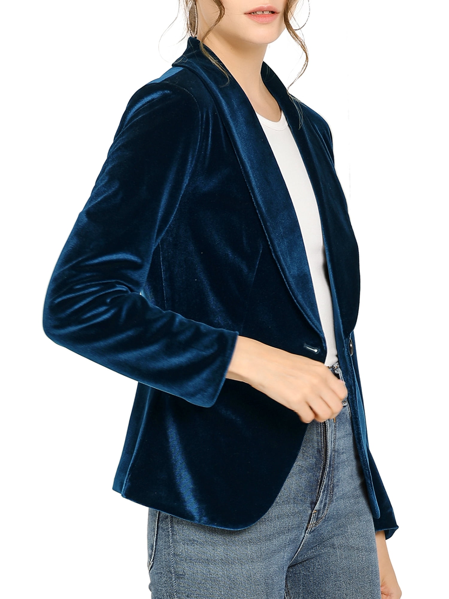 DARING DIVA Women's Velvet Office Coat Solid Shawl Collar Blazer S Deep Blue