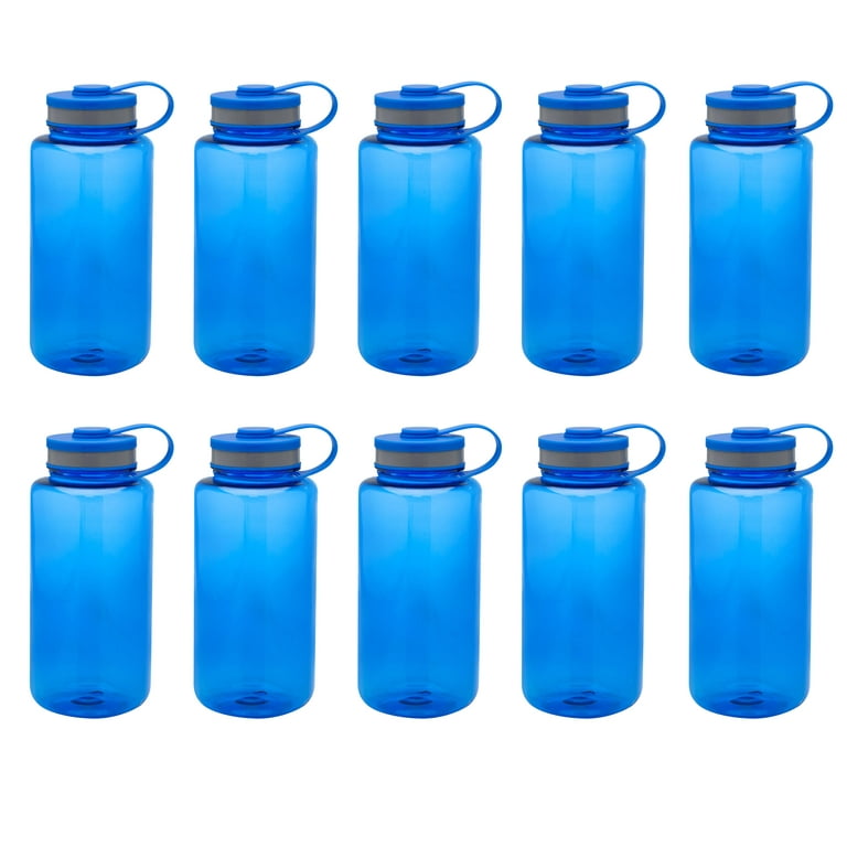Plastic Sports Water Bottles with Flip Lid 38 oz. Set of 10, Bulk Pack -  Great for Gym, Hiking, Cycling, Camping, Backpacking, School - Blue 