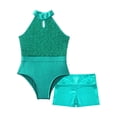 thumbnail image 6 of Yeahdor Girls Sleeveless Shiny Sequins Gymnastic Leotard Metallic Splice Backless Ballet Dance Bodysuit with Shorts Lake Green 10, 6 of 7