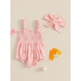 thumbnail image 3 of Baby Toddler Girl 2Pcs Summer Outfits 3 6 12 18 Months Sleeveless Bow Print Smocked Romper with Headband Set Infant Clothes, 3 of 9