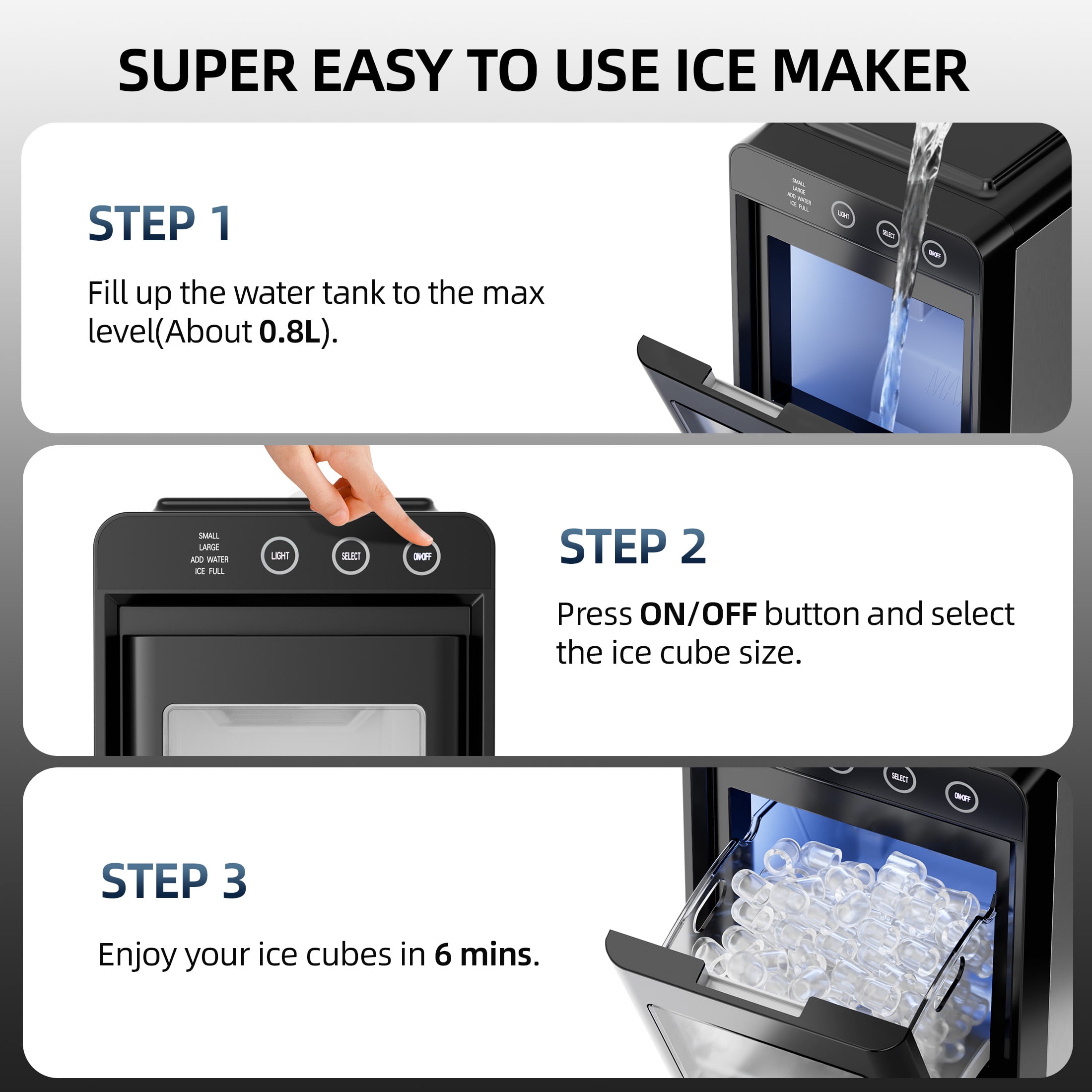 Auseo Countertop Ice Maker Portable, 26 lbs/Day, 8Pcs in 6Mins, Auto-Cleaning, Ice Machine with Ice Scoop, for Home/Office/Party