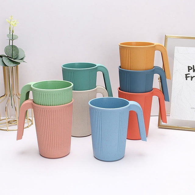 Taza de paja de trigo, taza para beber con patrón vertical simple, taza para beber para el hogar con asa, taza con cepillo para hacer gárgaras