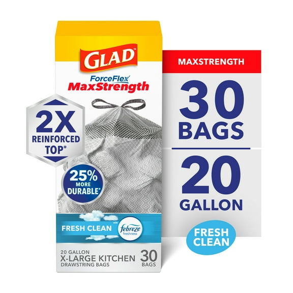 Glad ForceFlex MaxStrength X Large Kitchen Drawstring Trash Bags, 20 Gallon, Fresh Clean, 30 Count