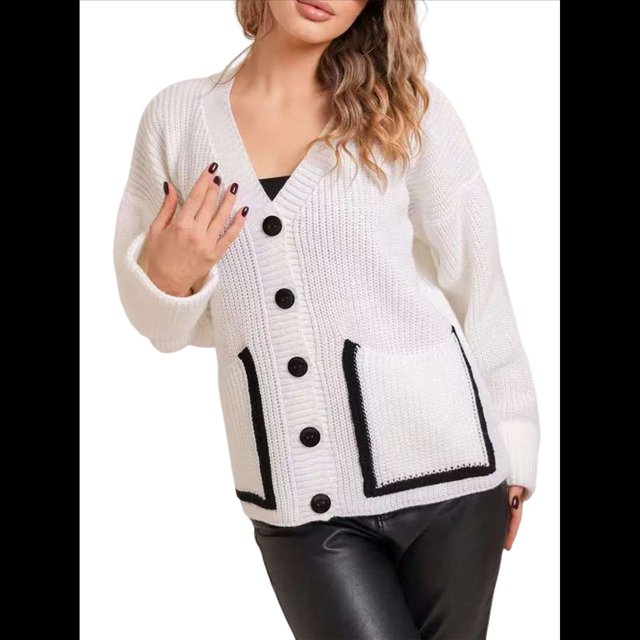 Cárdigan de Punto Grueso para Mujer, Larga, Cuello en V, Botones y Bolsillo, para Otoño e Invierno. L