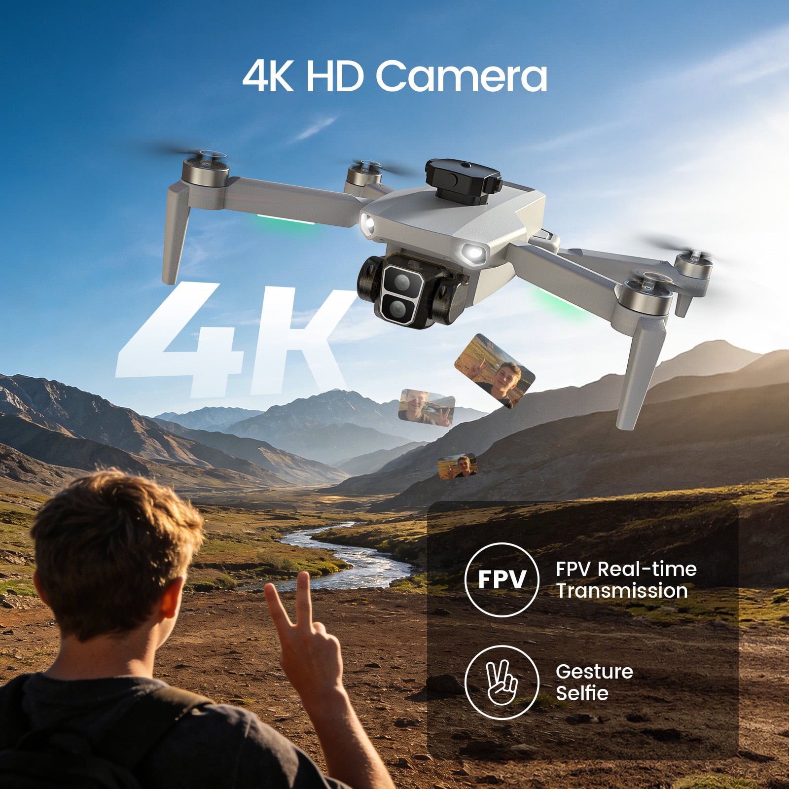 Foldable Drone Built-in LCD Screen on Remote, Wefone L106 GPS Drones with Camera for Adults 4K, Lightweight, Under 249g, 2 Batteries, Gray