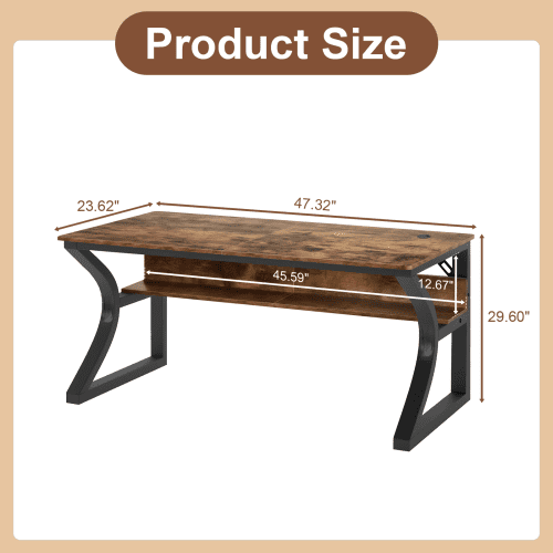 47-Inch Computer Desk with Storage, Sturdy U-Shaped Metal Frame Home Office Study Table, Rustic Brown