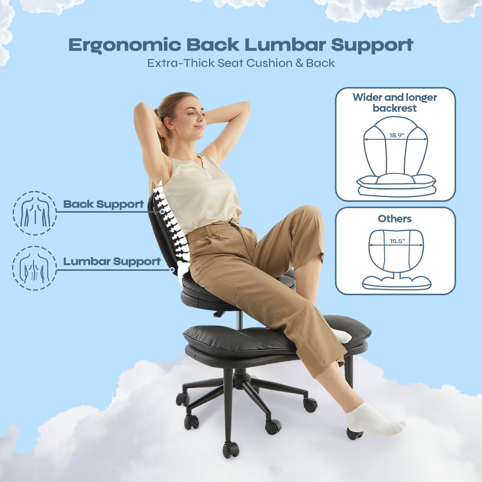Pinmoco Ergonomic Cross Legged Chair, Cloud Comfort Wide Seat Desk Chairs for Adhd,Meditation ,Yoga and Home Office with Strong Lumbar Support, Black