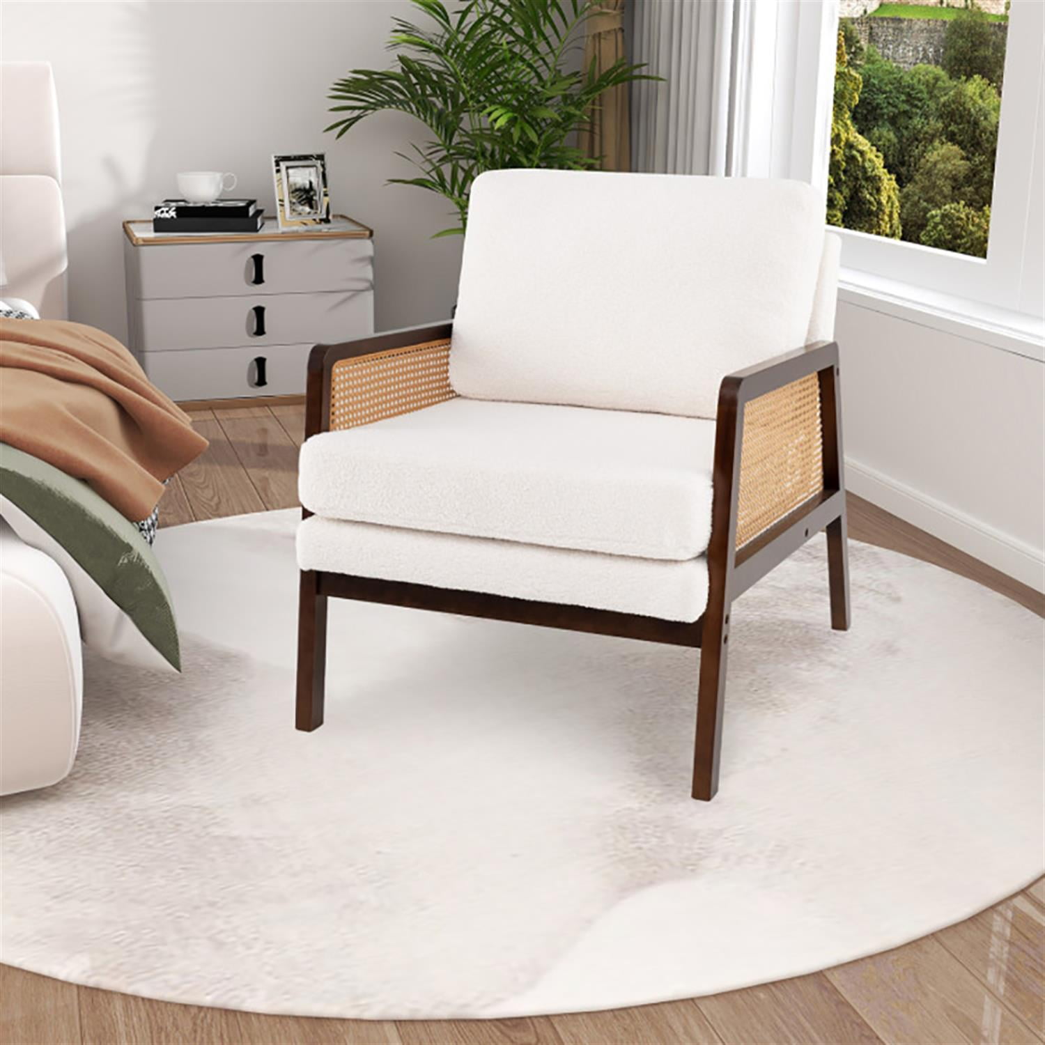 Demi Bonn Modern Accent Chair, Elegant Armchair with Rattan Arms and Cushion, Suitable for Living Room Bedroom Reception Room Office, Brown