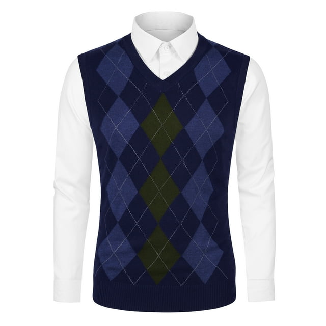 Suéter de chaleco Lars Amadeus argyle informal hombre cuello en V ajuste delgado sin mangas Armada L