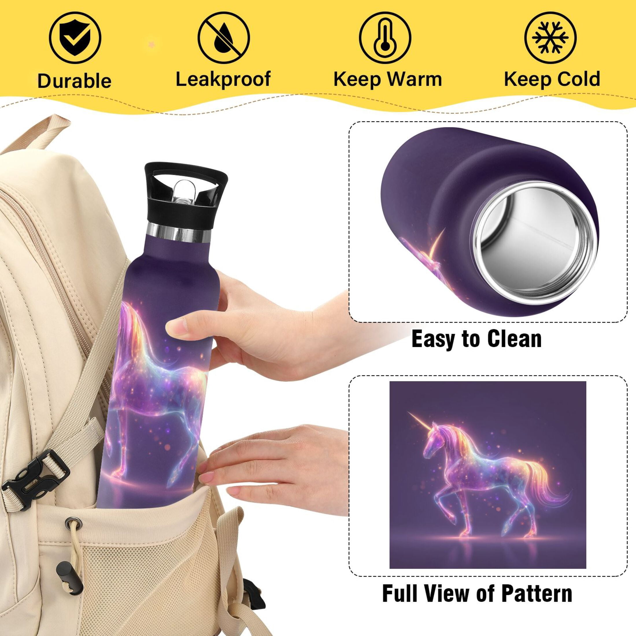 Kids Insulated Stainless Steel Sports Water Bottle 600ml (20oz) Glowing Unicorn