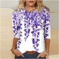 thumbnail image 2 of Htigea Trendy Printed Tshirts for Women Crewneck 3/4 Sleeve Tops Basic Pullover Tee Cozy Daily Vacation T Shirts Purple,M, 2 of 4
