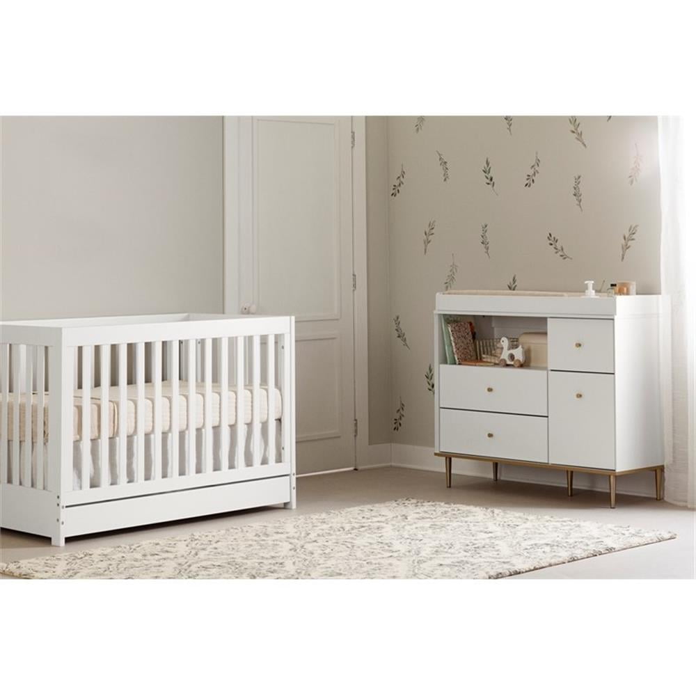 South Shore Dylane, Mid-century Glam Changing Table with Drawers and Open Storage, Pure White