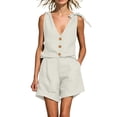 thumbnail image 2 of Mifsaly Linen Two Piece Set Women Tie Strap Sleeveless V-Neck Button Down Tops and High Waist Shorts Lightweight Casual Summer Travel Beach Outfits Beige,M, 2 of 6