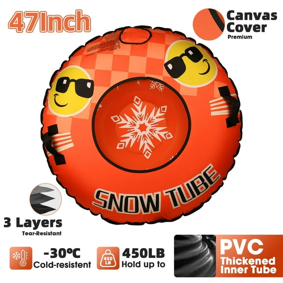 Snow Tube with Premium Canvas Cover, Heavy Duty 47" Large Size Inflatable Sled for Kids and Adults, Snow Tubes for Sledding, Sled Toys with Sturdy Handles for Winter Outdoor Fun