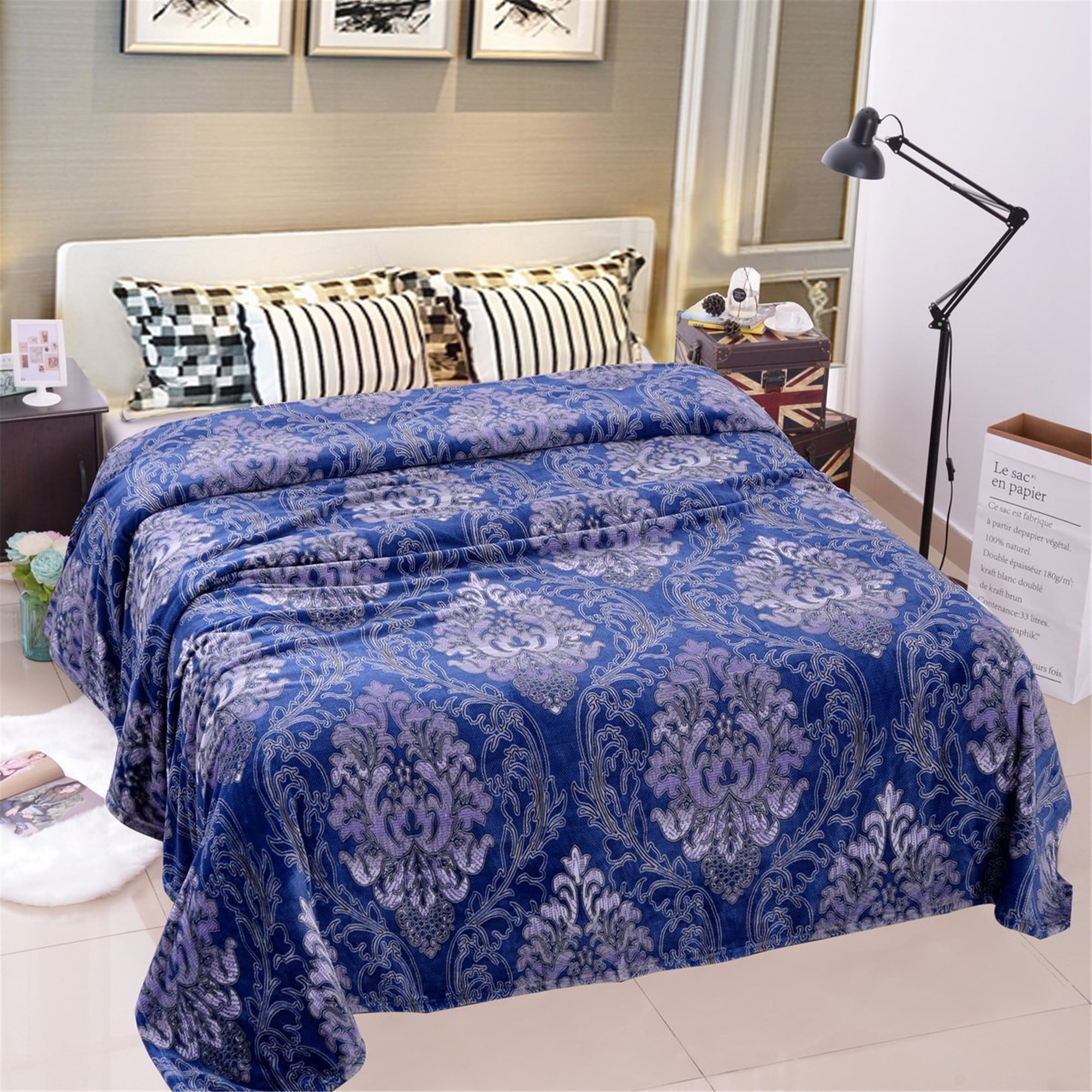 Home Bedroom Plush Fleece Throw Bed Blanket Blue Fl Printed Departments