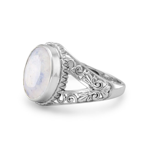 Rainbow Moonstone Ring with Scroll Design Split Band Antiqued Sterling Silver