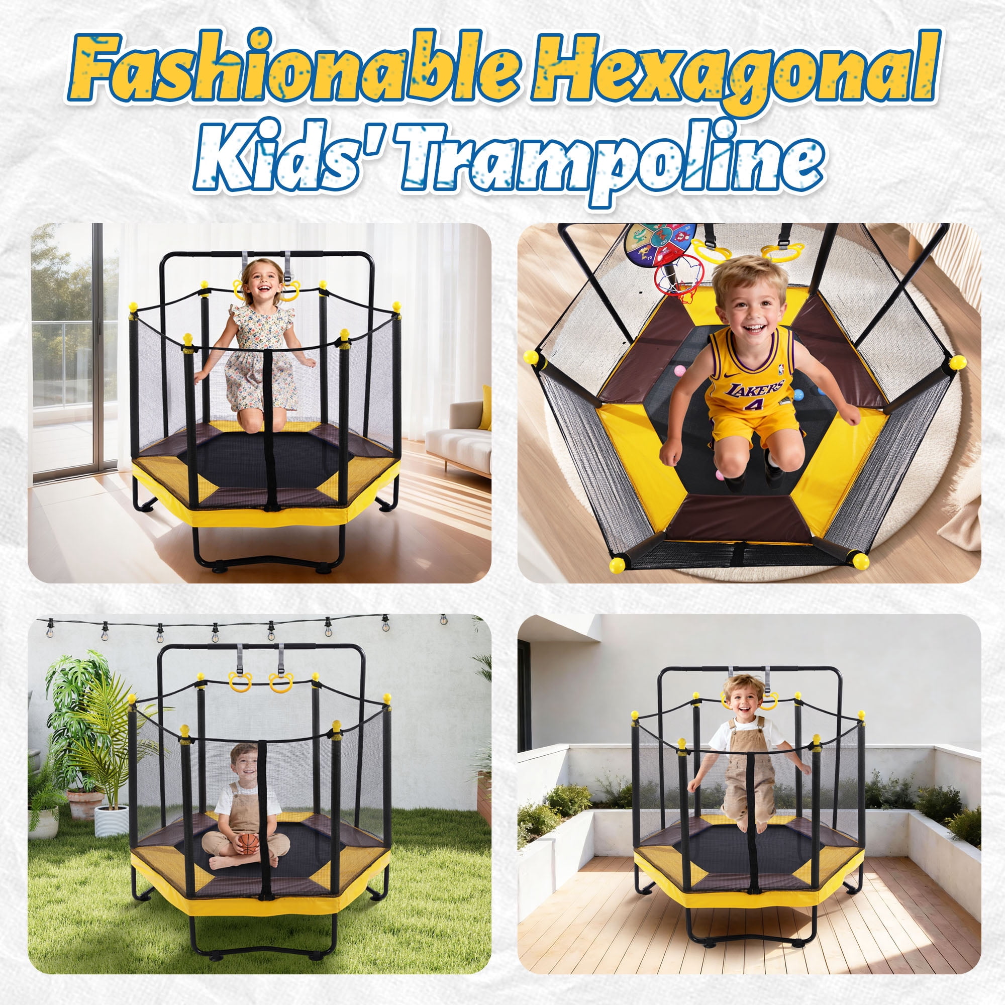 54" Kids Trampoline with Swing, Horizontal Bar, SEGMART 4-in-1 Oval Toddler Trampoline with Enclosure Safety Net, Outdoor Indoor Backyard Recreational Trampoline for Kids, Toddlers, Baby