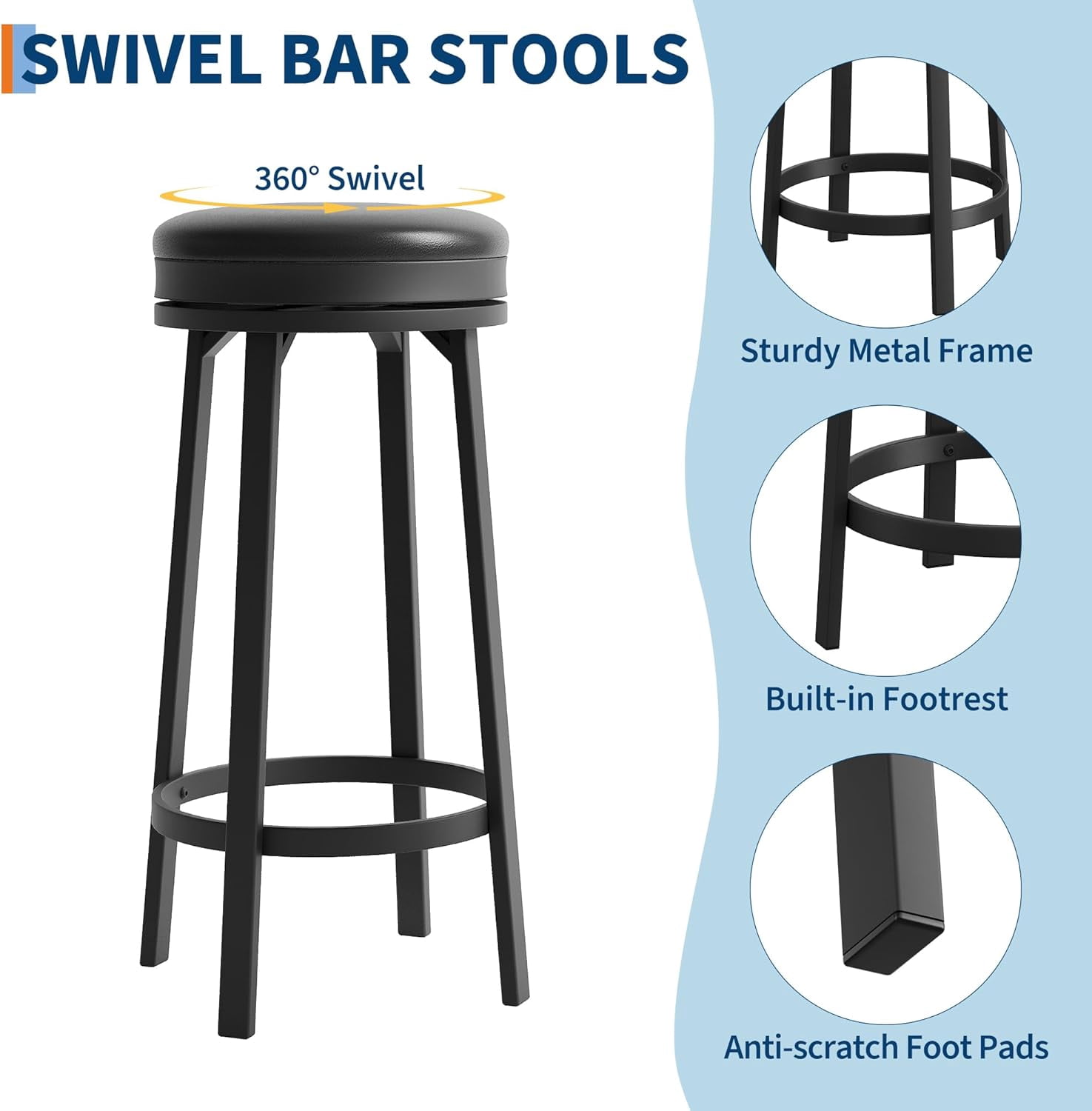 30'' Swivel Bar Stools Set of 4, Modern Backless Counter Height Barstools with Footrest, PU Leather Upholstered Seat, Metal Frame, Black