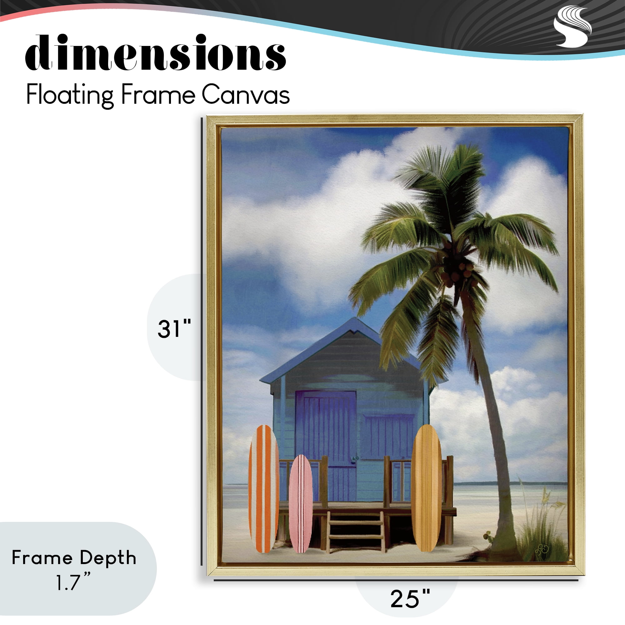 Stupell Industries Palm Overhanging Surf Shop Gold Framed Floater Canvas Wall Art, design by Lisa R Dumm
